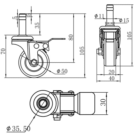 Technical diagram of Set Of 4 Beefy 2 Inch Stem Caster Wheels Heavy Duty Swivel Locking Casters Seven Sixteenth Inch Stem Replacement Wheels.