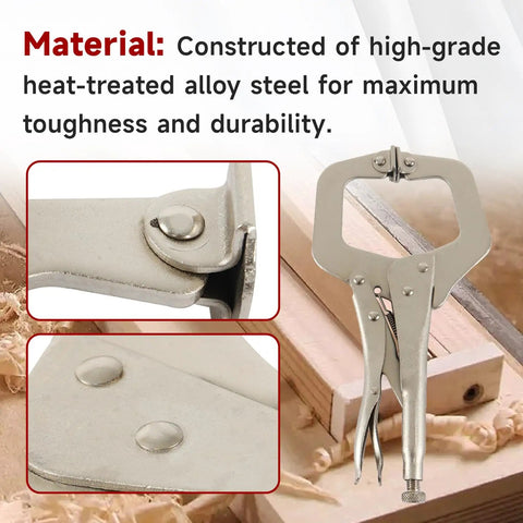 Close-up of 11 Inch Locking C Clamp Set 5 Pack Locking Pliers With Adjustable Welding Vise Clamps, alloy steel construction