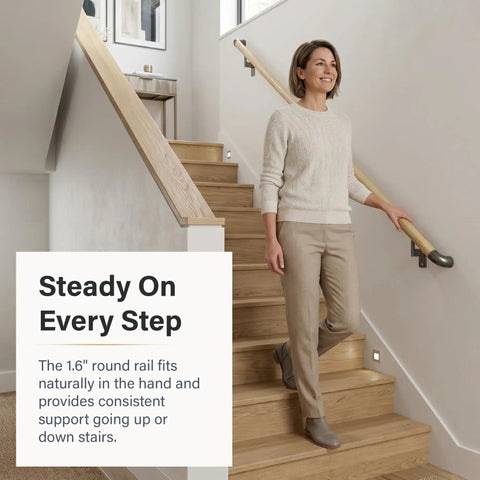Person using Oak Wood Wrapped Aluminum Core Handrail Kit For Indoor Stairs 3 Feet Long With 1.6 Inch Round Railing TrueWood Look ADA Compliant
