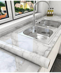 White Gray Marble Peel And Stick Contact Paper For Countertops And Backsplash Waterproof Self Adhesive Vinyl Wallpaper shown on kitchen
