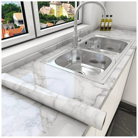 Peel And Stick Marble Contact Paper For Countertops And Backsplash, Waterproof Kitchen Wallpaper, Renter Friendly And Budget Friendly, White Gray Marble Design, 16 Inch By 32.8 Foot Roll, Easy Install around kitchen sink.