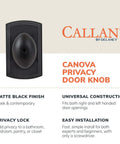 Privacy Door Knob With Push Button Lock For Bedroom And Bath Matte Black Fits Doors One And Three Eighths Inches To One And Three Quarters Inches Reversible Left Or Right Handed Easy To Install, shown in matte black finish.