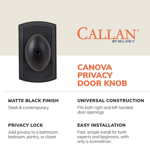 Privacy Door Knob With Push Button Lock For Bedroom And Bath Matte Black Fits Doors One And Three Eighths Inches To One And Three Quarters Inches Reversible Left Or Right Handed Easy To Install, shown in matte black finish.