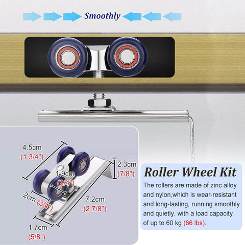Smooth Glide Cabinet Sliding Door Kit With Double Rails For Kitchen And Wardrobe Interior Bypass Barn Door Hardware Wall Mount System For 36 48 Or 60 Inch Openings Champagne Finish Includes 4 Rollers And Aluminum Track close-up view of roller wheels and aluminum track.