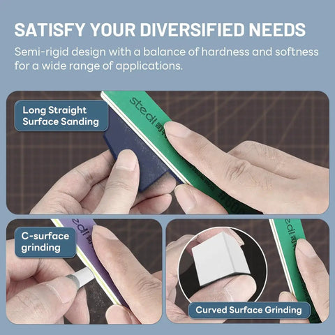 Hands using Sanding Sticks For Model Making, Durable Hobby Tools with 400 to 1500 Grit on various surfaces.