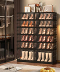 Six Tier Foldable Shoe Rack For Closet Holds 12 To 24 Pairs With Doors And Plastic Stackable Boxes in a room setup, shown filled with various shoes.