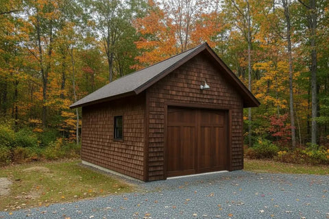Ranchworn Aging Wood Stain Quick Turnaround Formula Dries In Half Hour on a wooden shed surrounded by autumn trees.