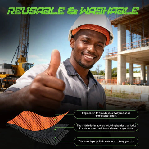 Worker wearing hard hat with Hard Hat Sweatband And Top Pad Set, Washable Three Layer Fabric Sweat Liner Replacement With Helmet Padding