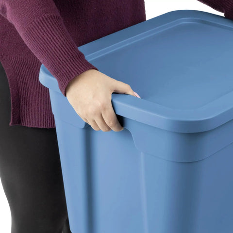 Person holding the Straight Up Beast Mode 18 Gallon Plastic Storage Bin With Secure Snap On Lid Stackable Heavy Duty Moving Container For Workshop Home Office Or Backyard Shed Blue.