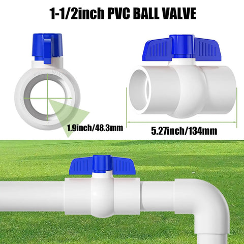 Top Shelf One Quarter Turn PVC Ball Valve With Blue T Handle SCH 40 No Sweat Shut Off Fitting for 1-1/2 inch PVC pipes.