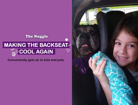 Backseat Air Comfort Made Easy Car Vent Extender Hose Delivers Quick Cool Or Warm Air To Second And Third Row Passengers Perfect For Summer Trips And Winter Rides 8ft Long Black Ice next to child and dog in car backseat.
