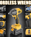 Heavy Duty Brushless Cordless Impact Wrench With 4 Amp Hour Battery delivers 320 ft-lbs of torque, features battery and LED light.