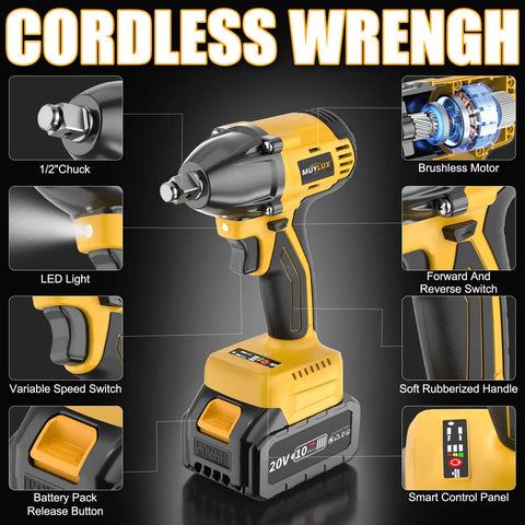 Heavy Duty Brushless Cordless Impact Wrench With 4 Amp Hour Battery delivers 320 ft-lbs of torque, features battery and LED light.