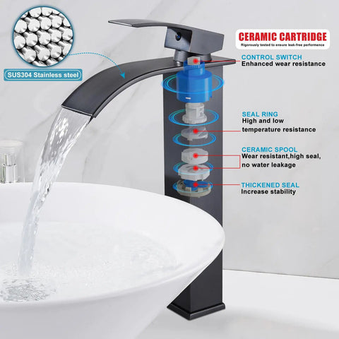 Vessel Sink Waterfall Tall Bathroom Faucet, Modern Vanity With Single Handle, 1 Hole Installation, Oil Rubbed Bronze Finish, water flow
