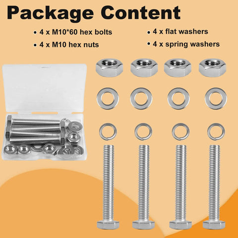Heavy Duty M10 Hex Bolts And Nuts Set With Flat And Spring Washers For Caster Wheels Assembly Rock Solid No Sweat Hardware Kit contents visible.