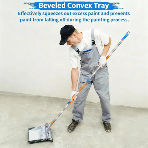 18 Inch Paint Roller Kit With Long Reach Pole And Deep Paint Tray For Fast Wall Ceiling Application being used to paint a wall.