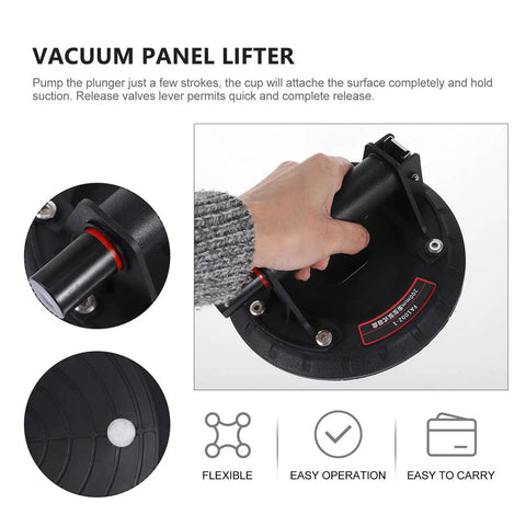 Heavy Duty Glass Suction Cup Vacuum Lifter Tool With Ergonomic Grip, showing a hand on the black nylon handle for safe lifting.
