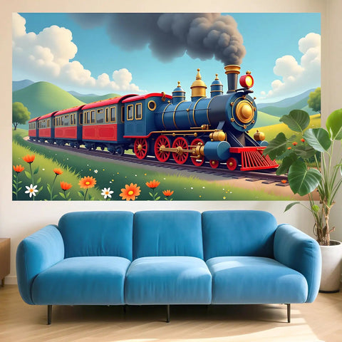 Epic Train Party Backdrop Banner Locomotive Theme Steam Train Decoration For Birthday Party Supplies, vibrant train scene.