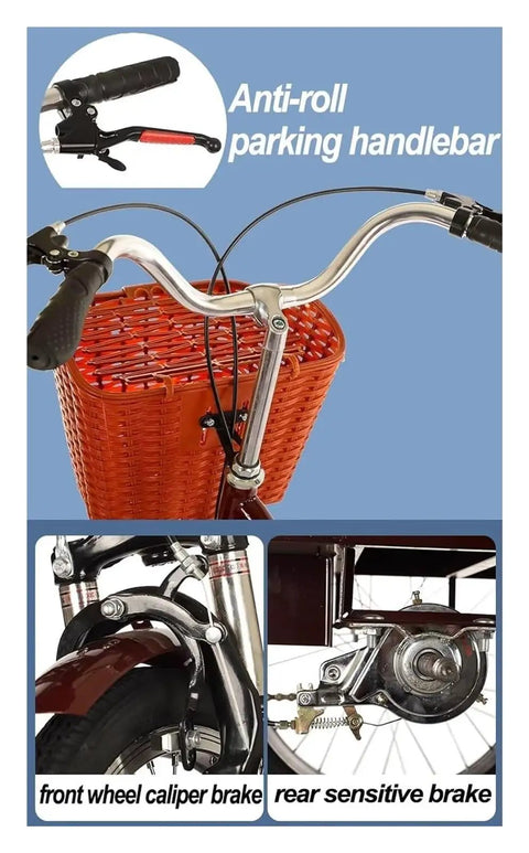 Adult Tricycle Rickshaw With Foldable Back Seat, Dual Brakes, front handlebar, caliper brake, wine red basket, accessories close-up