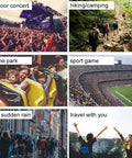 Collage of outdoor activities including crowds at concert, hikers, theme park ride, stadium sports event, street in rain, sightseers.