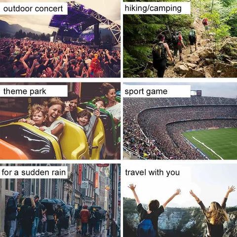Collage of outdoor activities including crowds at concert, hikers, theme park ride, stadium sports event, street in rain, sightseers.