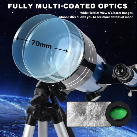 Close-up of 70mm Aperture Portable Refractor Telescope for Adults and Beginners 300mm Travel Scope with Moon Filter