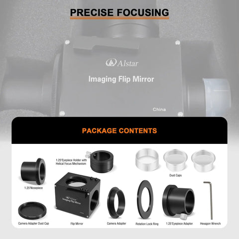 1.25 Inch Flip Mirror For Telescope Eyepiece And Camera Adapter with accessories, showcasing precise focusing and package contents.