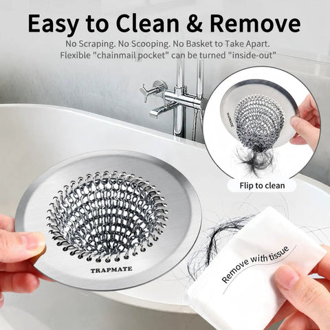 Hassle Free Shower Drain Hair Catcher With Quick Flip Empty Pocket shown in use, stainless steel design for easy cleaning and hair removal.