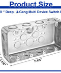 Image of a Four Gang Metal Electrical Box Two And One Eighth Inch Deep Square Junction Box for Multiple Wiring Configurations.