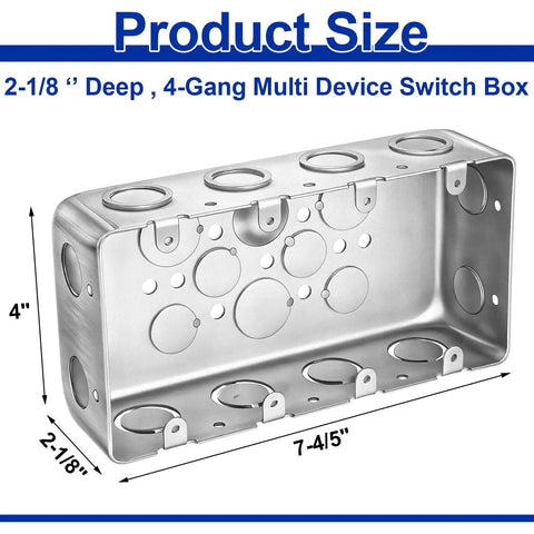 Image of a Four Gang Metal Electrical Box Two And One Eighth Inch Deep Square Junction Box for Multiple Wiring Configurations.
