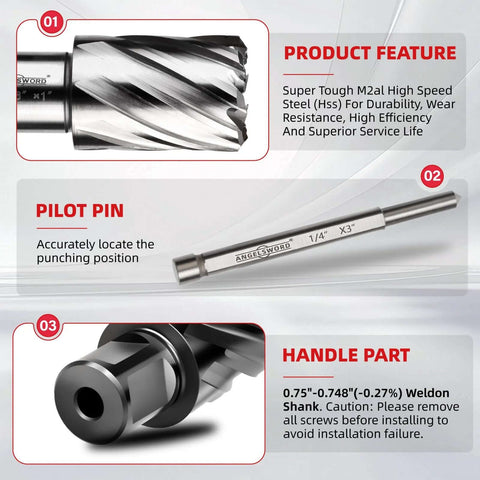 ANGELSWORD HSS annular cutter set, 14 pcs in aluminum storage case; includes pilot pin and magnetic drill handle.