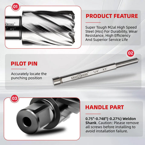 Heavy Duty M2 High Speed Steel Annular Cutter 9 By 16 Inch with 1 Inch cut depth and Weldon shank features pilot pin and handle part.