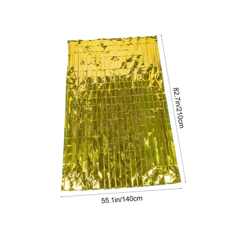 Go-To 6-Piece Survival Emergency Blanket Set with Gold and Silver Reflective Foil, showing portable gold thermal blanket and dimensions