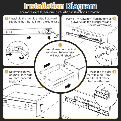 Installation diagram for heavy duty locking drawer slides with full extension ball bearing side mount rails