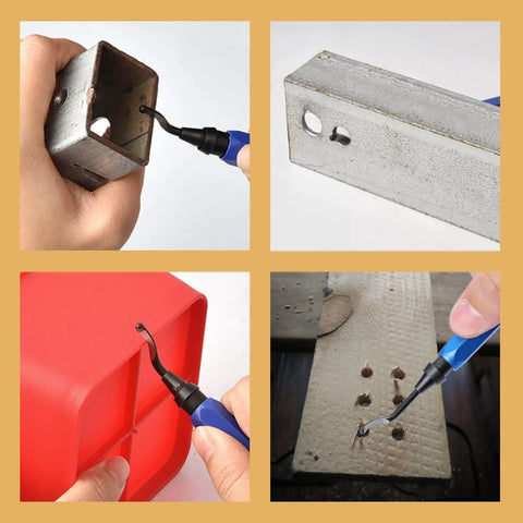 Blue-handled deburring tool with BS1010 blades for metal and plastic burr removal; shown in front, side, and close-up views