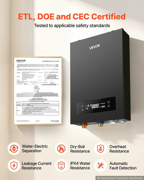 Straight Up Zero Wait Tankless Electric Water Heater 240 Volt 18 Kilowatt with ETL certification and LED touch screen panel.