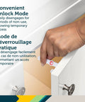 Hand demonstrating Adhesive Cabinet Latch Set 4 Piece For Childproofing White Peel And Stick Easy Install No Tools Required For Most Cabinets Renters Friendly Screws Included For Particle Board Or Other Tough Surfaces on drawer