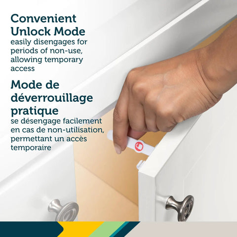 Hand demonstrating Adhesive Cabinet Latch Set 4 Piece For Childproofing White Peel And Stick Easy Install No Tools Required For Most Cabinets Renters Friendly Screws Included For Particle Board Or Other Tough Surfaces on drawer