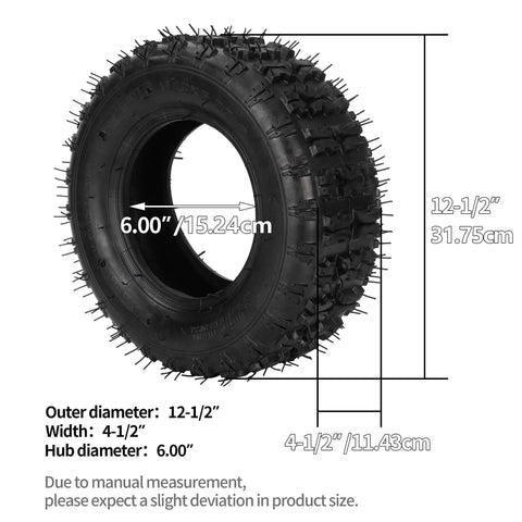 13x5.00-6 Tire And Inner Tube Set With TR87 Angled Valve Stem For Razor Dirt Quads, showing dimensions and tread design.