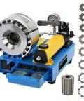 Heavy Duty Hydraulic Hose Crimper With Eight Swappable Die Sets For Smooth Zero Sweat Garage Work And Lock Tight Seal On All Custom Hydraulic Lines Today, displaying a blue unit with dies.