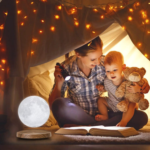 Magnetic Levitation Floating Moon Lamp With Base 360 Spin 3D Printed Moon Night Light warm scene with mother and child reading