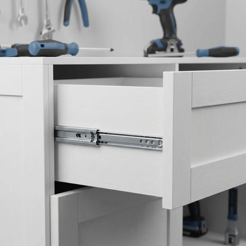 Close-up of Two Way Drawer Slides Side Mount 4 Pack 12.2 Inch Full Extension Ball Bearing Drawer Runners on white cabinet