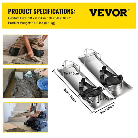 Product image showing Concrete Knee Board Sliders 28 X 8 Inch Pair With Stainless Steel Kneeboards and straps, alongside usage photos.