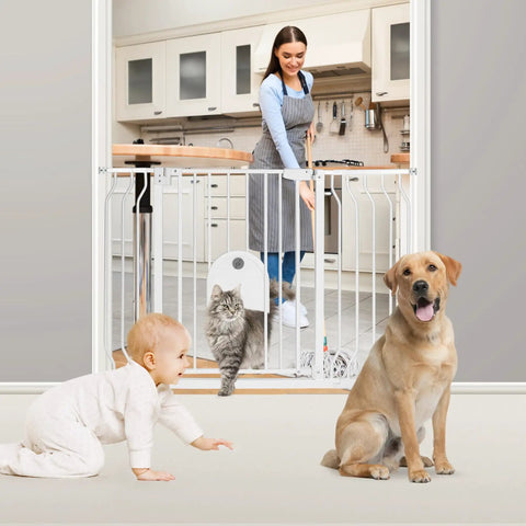 Auto Close Baby Gate With Cat Door, Adjustable 29.5 To 48.4 Inch Walk Through Safety Gate in doorway with baby and pets
