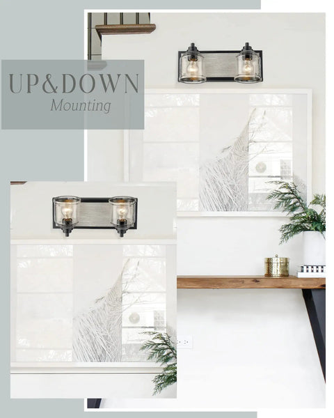 Two-Light Farmhouse Vanity Lights For Bathroom with gray textured metal backplate and bubble glass shades over mirror