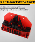 Heavy Duty Hold Down Clamp Kit For Milling CNC, 58 Pcs, organized in red storage tray, fits 7/16 T-Slot 3/8-16 Studs