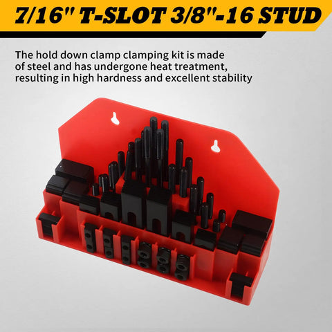 Heavy Duty Hold Down Clamp Kit For Milling CNC, 58 Pcs, organized in red storage tray, fits 7/16 T-Slot 3/8-16 Studs