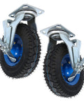 Heavy Duty Rubber Caster Wheels Set 8 and 10 Inch Pneumatic Swivels With Brakes, showcasing dual brakes and deep groove bearings.