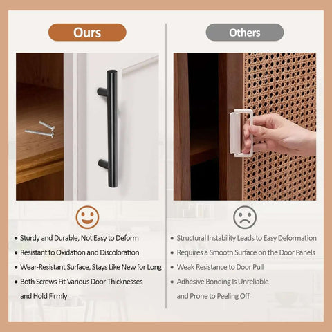 Comparison of Matte Black Drawer Pulls 30 Pack 3 Inch Hole Center Cabinet Handles and a competing handle.