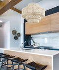 Huge White Rattan Chandelier With 6 Lights Hand Woven 5 Tier Pendant Light in a modern kitchen setting.